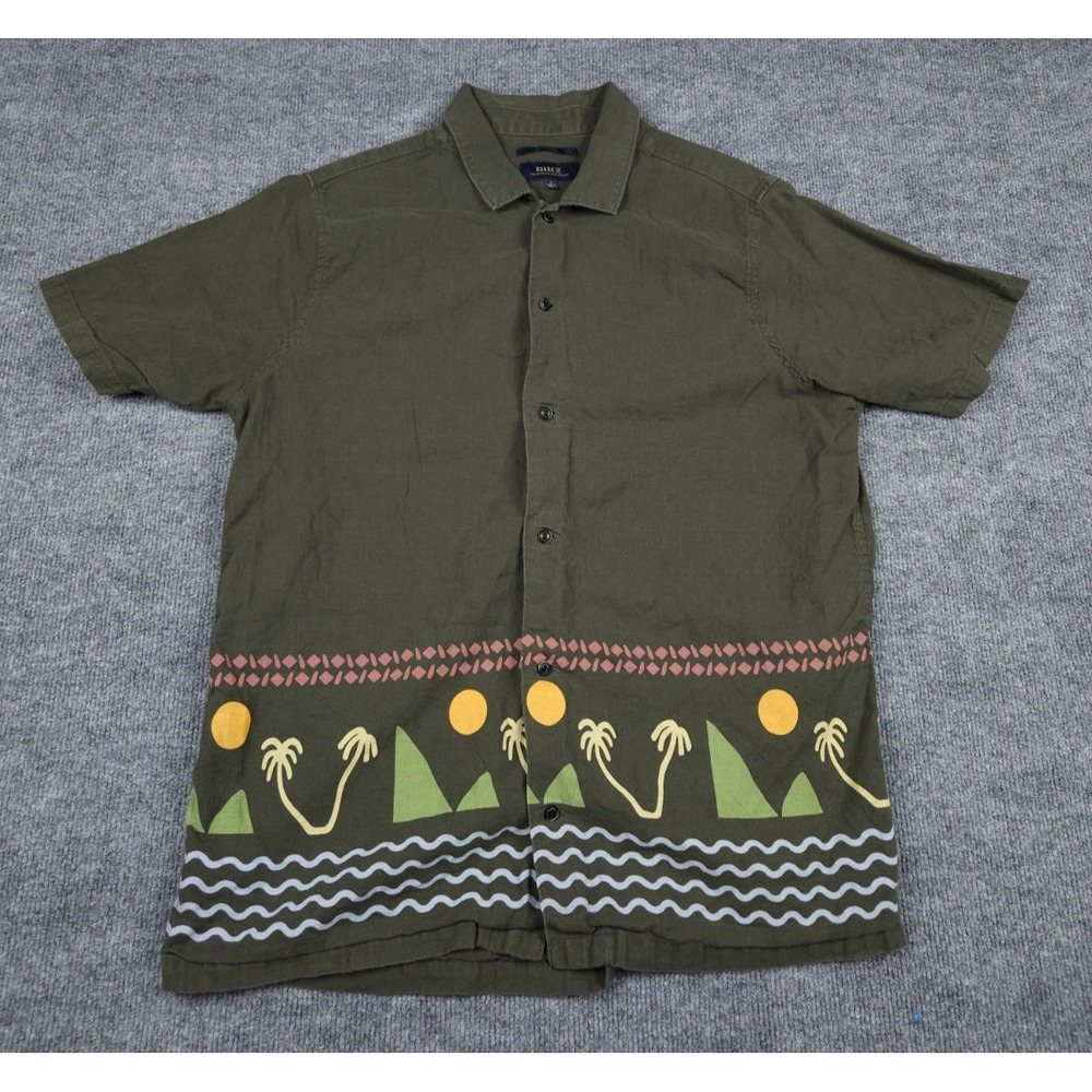 Roark Button Up Shirt Men's Large Classic Green Cotton Linen Blend Graphic